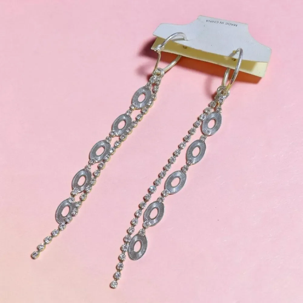 Silver Tone Long Dangle Hoop Earrings, Rhinestone Chain Drop Earrings